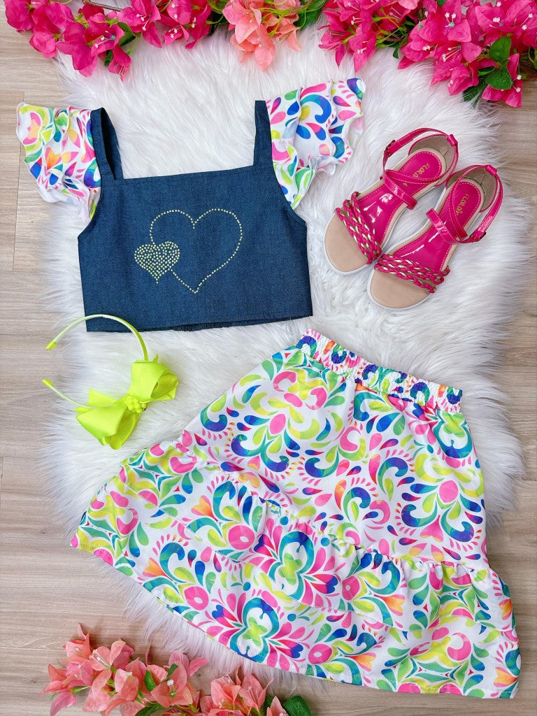 Conjunto Casual de Blusa Jeans e Saia Colorida para Meninas