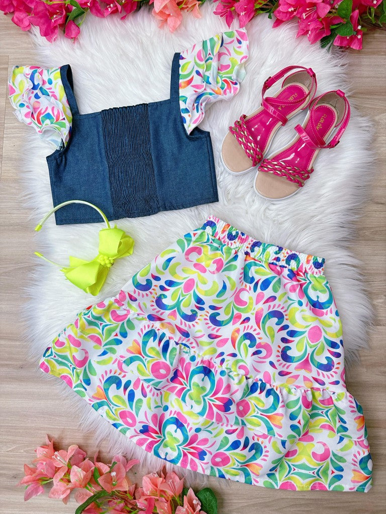 Conjunto Casual de Blusa Jeans e Saia Colorida para Meninas