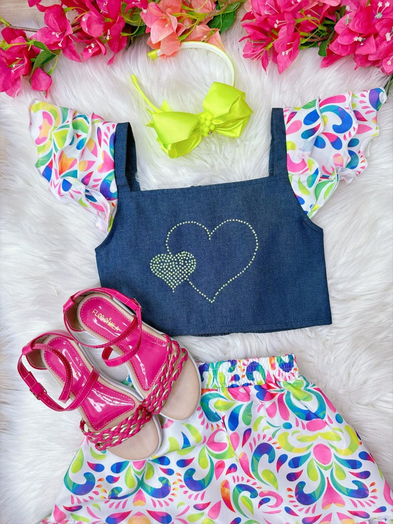 Conjunto Casual de Blusa Jeans e Saia Colorida para Meninas