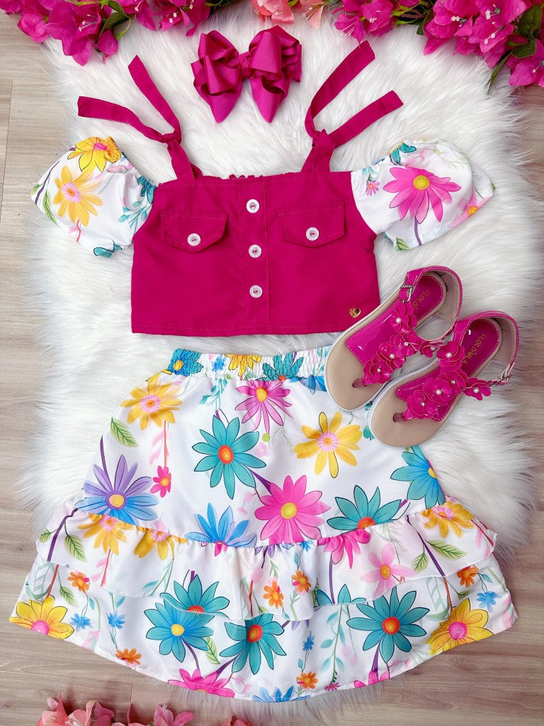 Blusa Pink e Saia Florida Margaridas para Meninas Luxo Casual