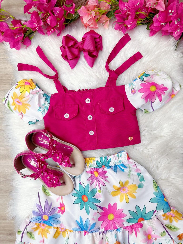 Blusa Pink e Saia Florida Margaridas para Meninas Luxo Casual