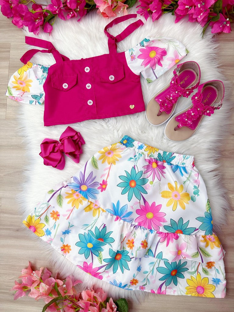 Blusa Pink e Saia Florida Margaridas para Meninas Luxo Casual