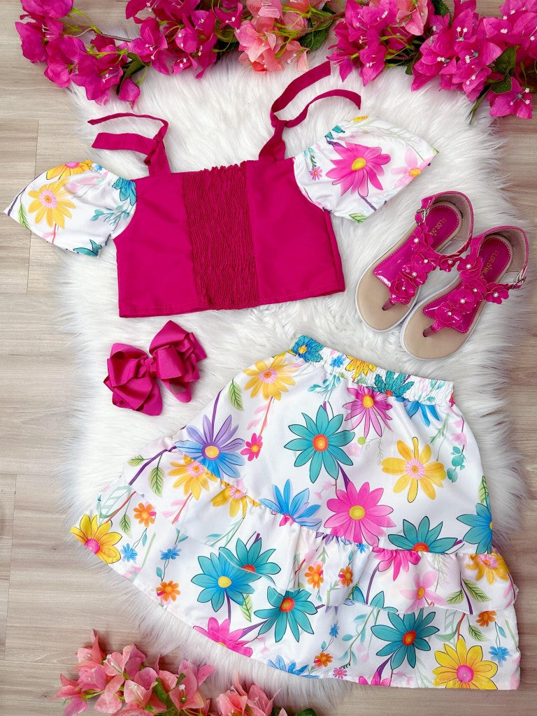 Blusa Pink e Saia Florida Margaridas para Meninas Luxo Casual