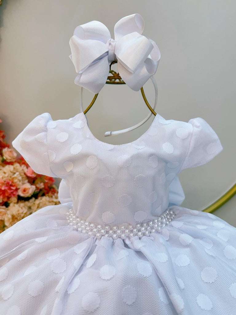 Vestido Infantil Branco Tule C/ Bolinhas e Pérolas Luxo