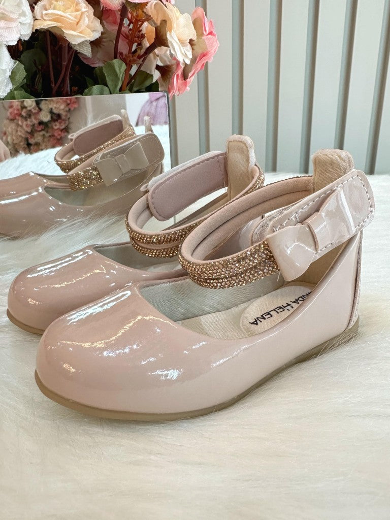 Sapatinho Infantil Rose Metalizado com Tiras de Strass e Aplique de Lacinho