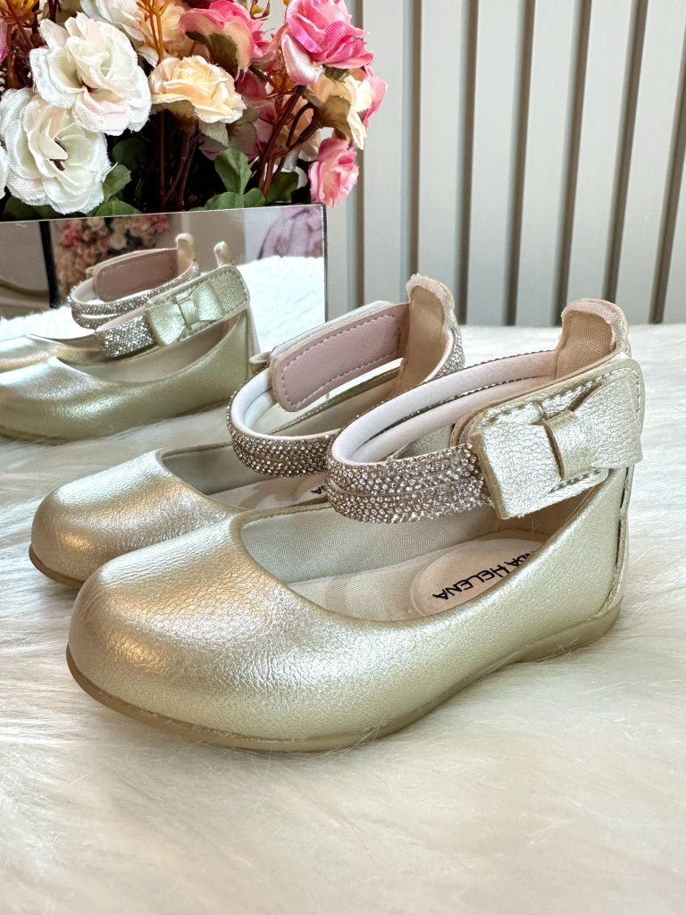 Sapatinho Infantil Rose Metalizado com Tiras de Strass e Aplique de Lacinho
