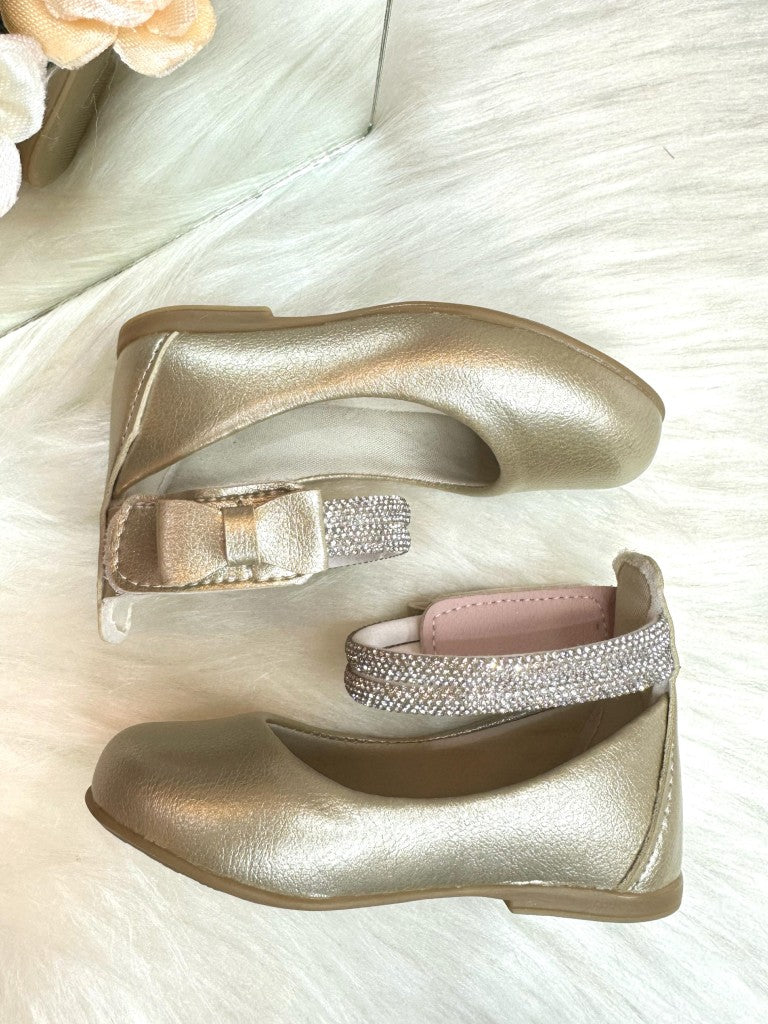 Sapatinho Infantil Rose Metalizado com Tiras de Strass e Aplique de Lacinho