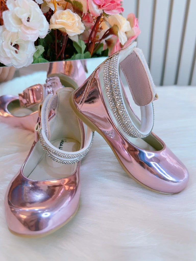 Sapatinho Infantil Rose Metalizado com Tiras de Strass e Lacinho