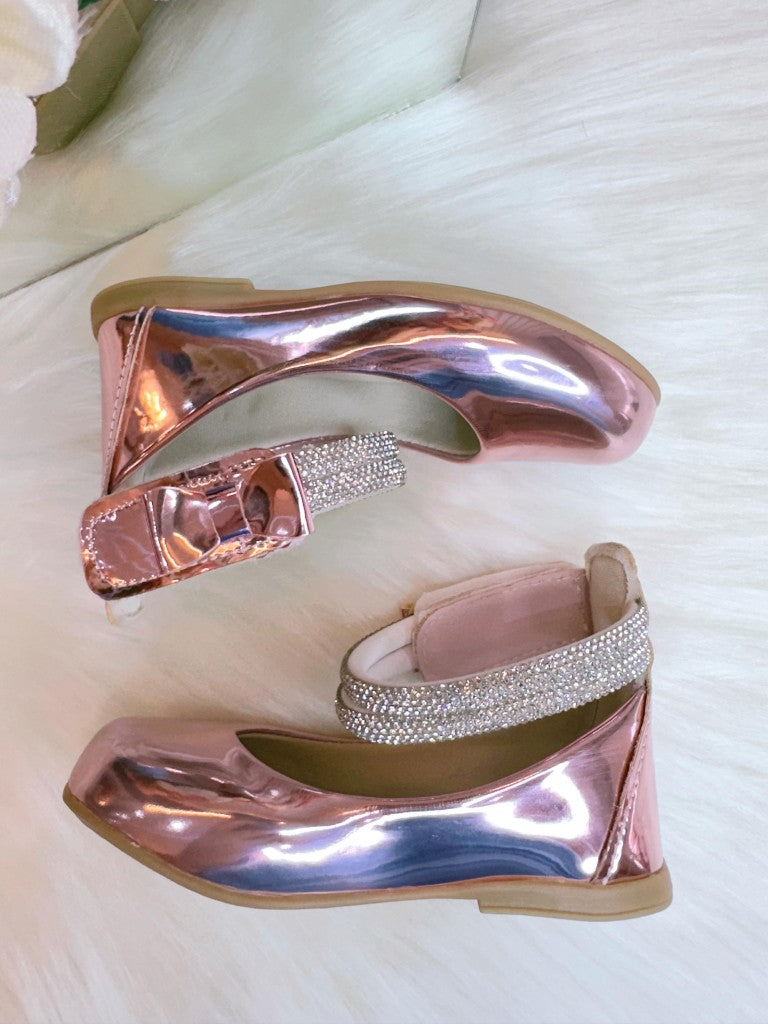 Sapatinho Infantil Rose Metalizado com Tiras de Strass e Lacinho