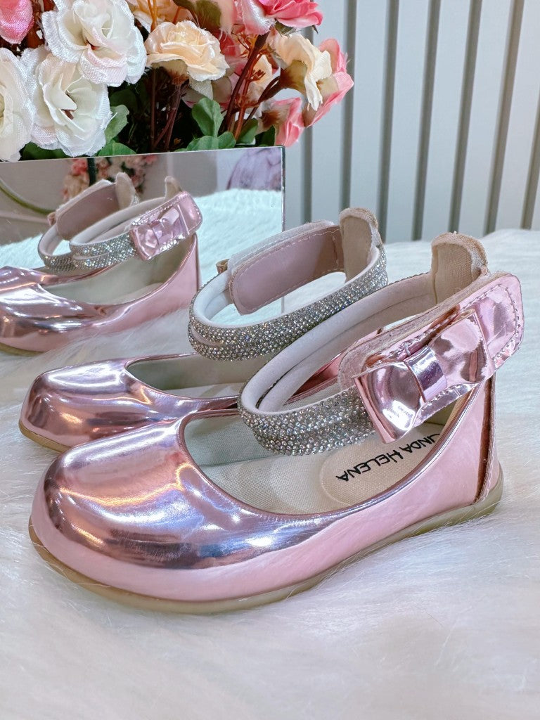Sapatinho Infantil Rose Metalizado com Strass e Lacinho para Festas