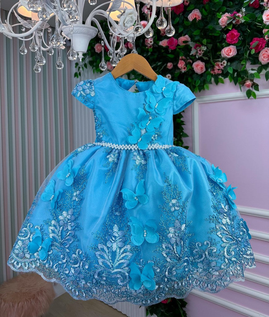 Vestido Azul Tiffany com Glitter e Laço para Crianças