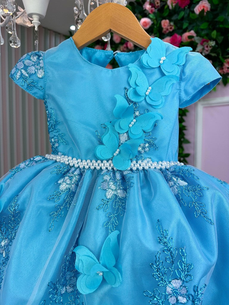 Vestido Azul Tiffany com Glitter e Laço para Crianças