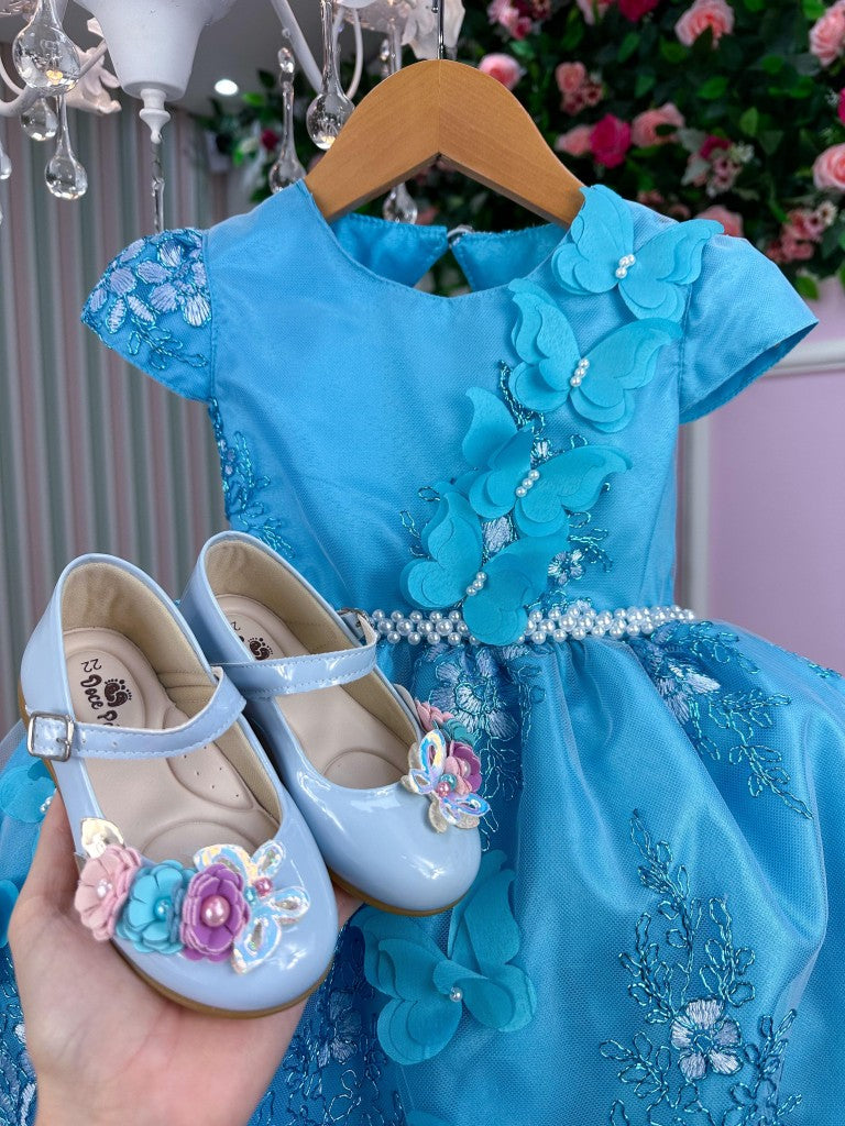 Vestido Azul Tiffany com Glitter e Laço para Crianças