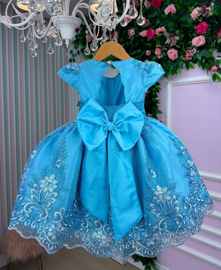 Vestido Azul Tiffany com Glitter e Laço para Crianças