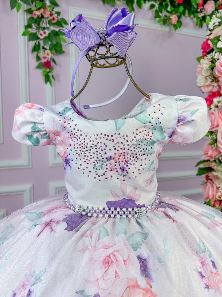 Vestido Juvenil Off Flores Lilás em Tecido Misto com Forro Confortável