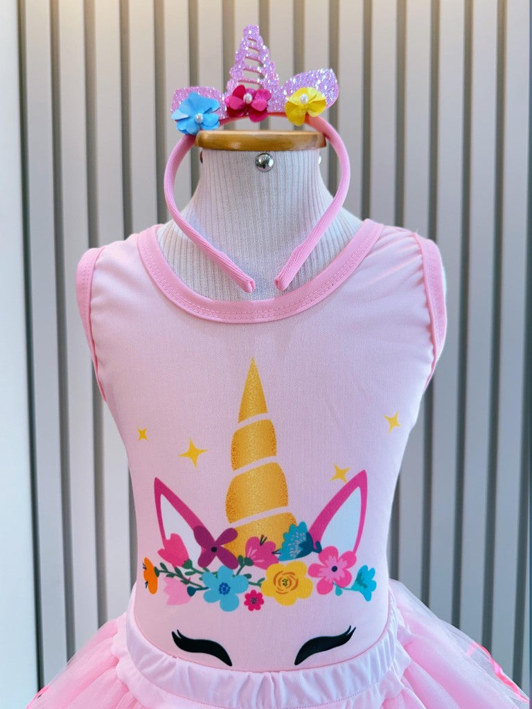 Fantasia Infantil Unicórnio Com Tiara Temática e Saia Colorida para Festas