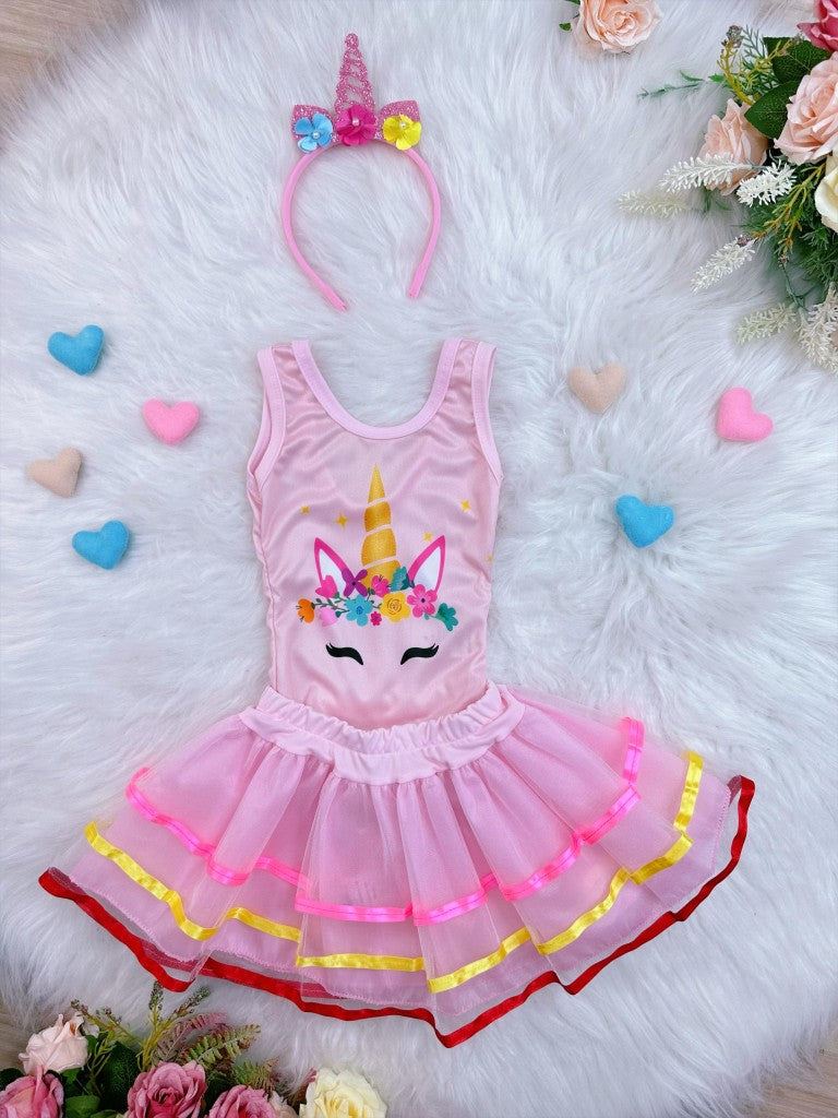 Fantasia Infantil Unicórnio Com Tiara Temática e Saia Colorida para Festas
