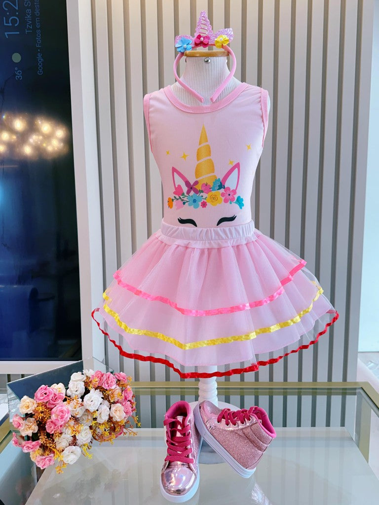 Fantasia Infantil Unicórnio Com Tiara Temática e Saia Colorida para Festas
