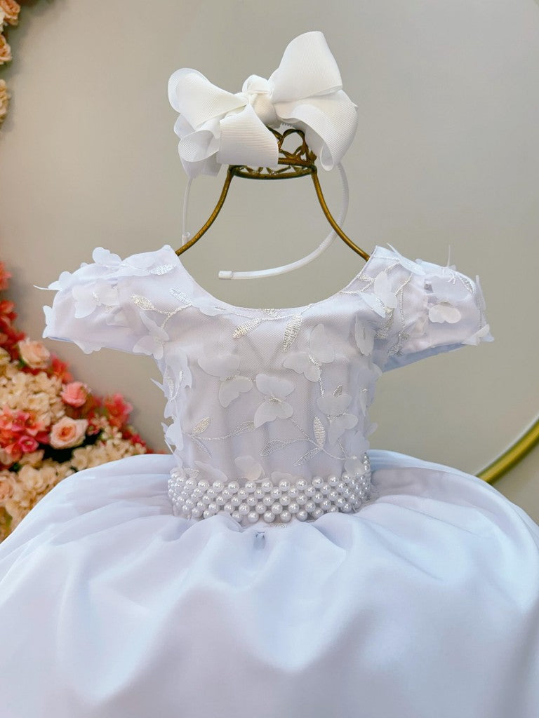 Vestido Infantil Branco Busto C/ Apliques de Flores Renda