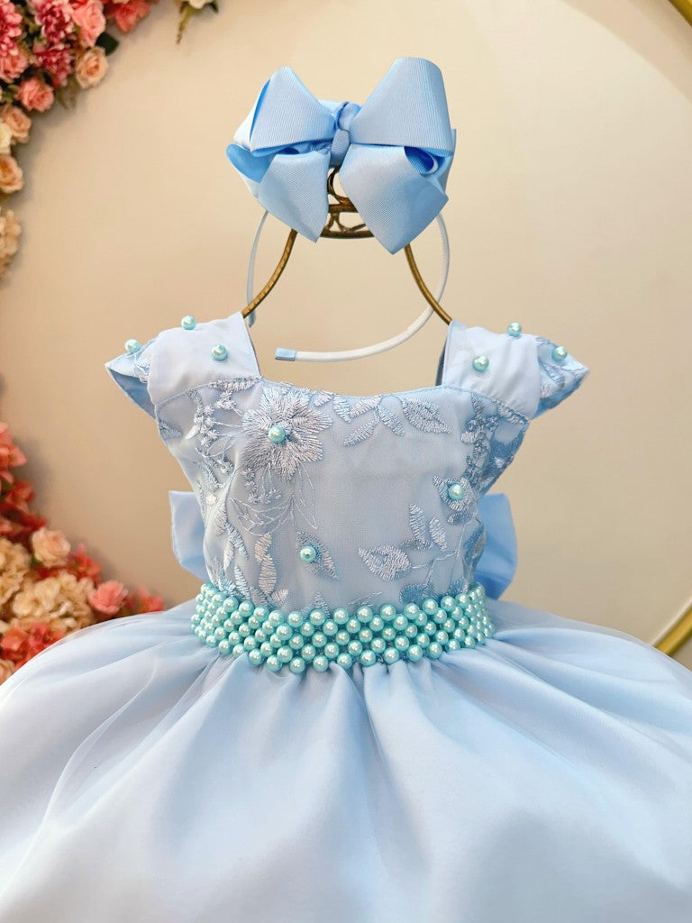 Vestido Infantil Azul Bebê Saia Com Tule e Busto Bordado