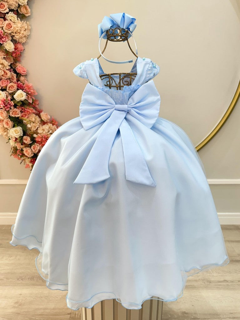 Vestido Infantil Azul Bebê Saia Com Tule e Busto Bordado