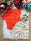 Conjunto Laranja para Meninos em Linho com Camisa e Bermuda