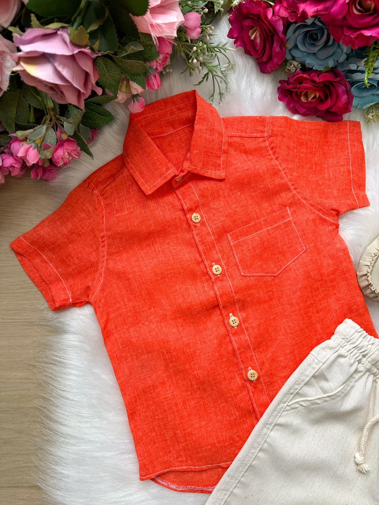 Conjunto Laranja para Meninos em Linho com Camisa e Bermuda