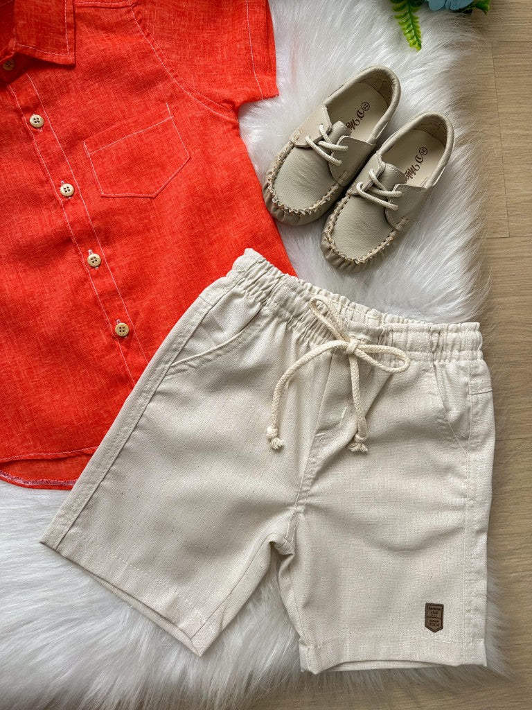 Conjunto Laranja para Meninos em Linho com Camisa e Bermuda