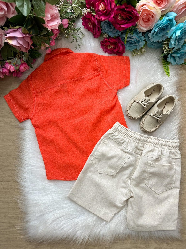 Conjunto Laranja para Meninos em Linho com Camisa e Bermuda