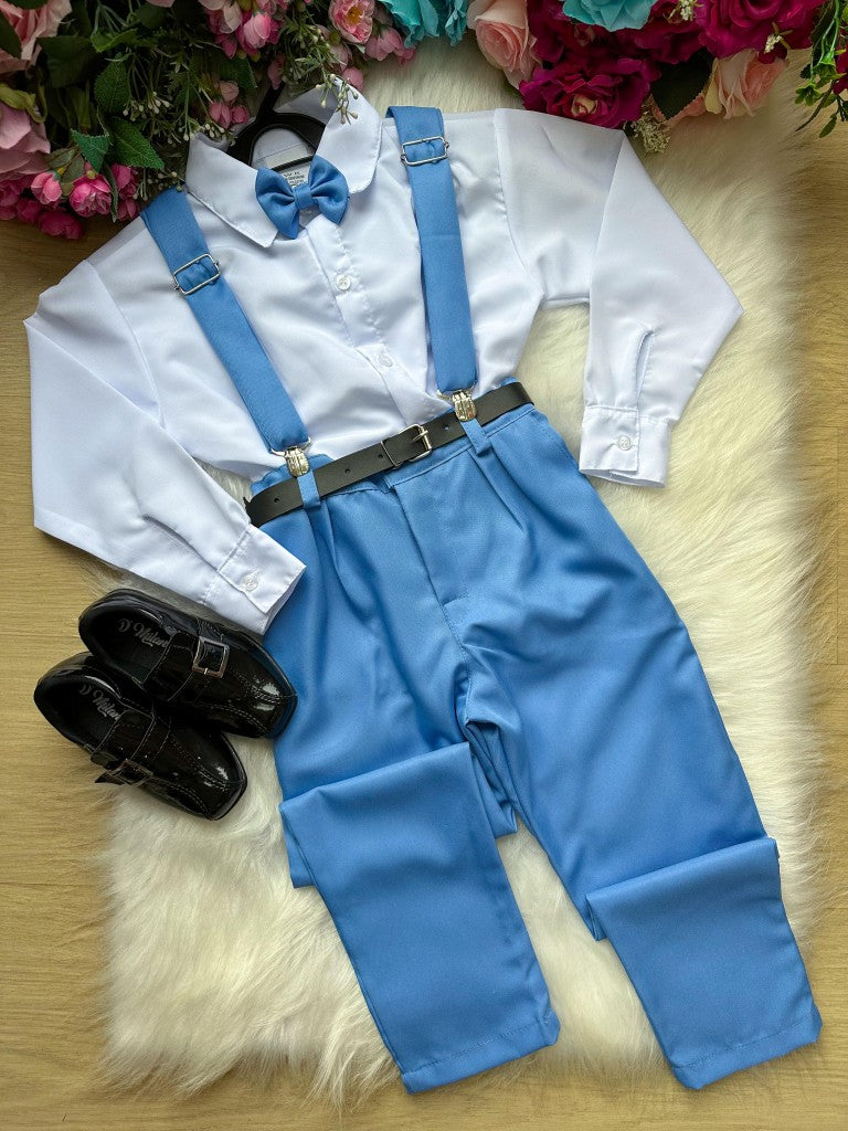 Conjunto Social Infantil Azul Serenity com Suspensório e Gravata Borboleta