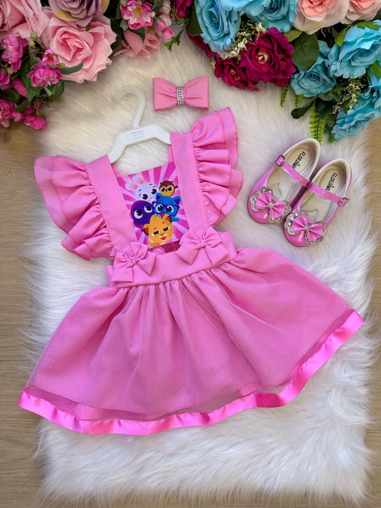 Vestido Infantil Rosa em Tule com Laço para Meninas de 03 Meses a 2 Anos