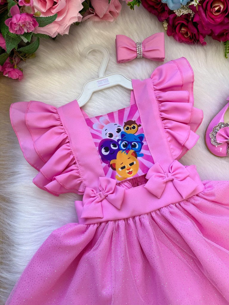 Vestido Infantil Rosa em Tule com Laço para Meninas de 03 Meses a 2 Anos