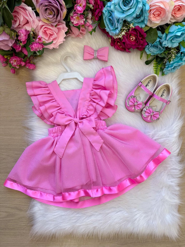 Vestido Infantil Rosa em Tule com Laço para Meninas de 03 Meses a 2 Anos