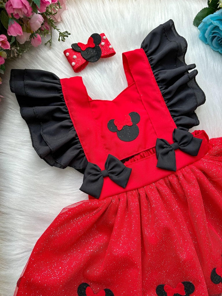 Vestido Infantil Tule Vermelho com Laço e Forro Confortável