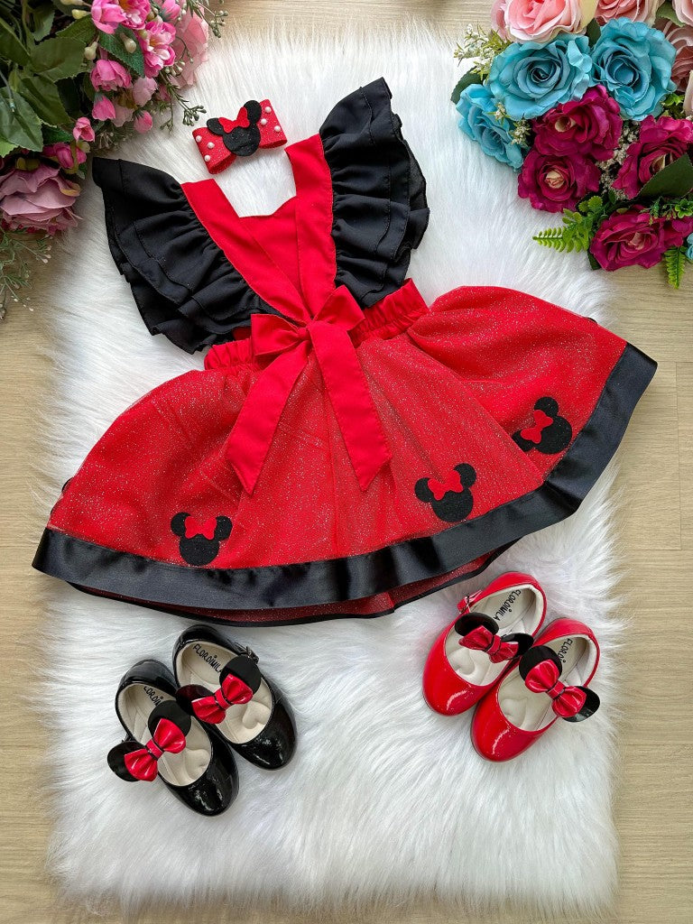 Vestido Infantil Tule Vermelho com Laço e Forro Confortável