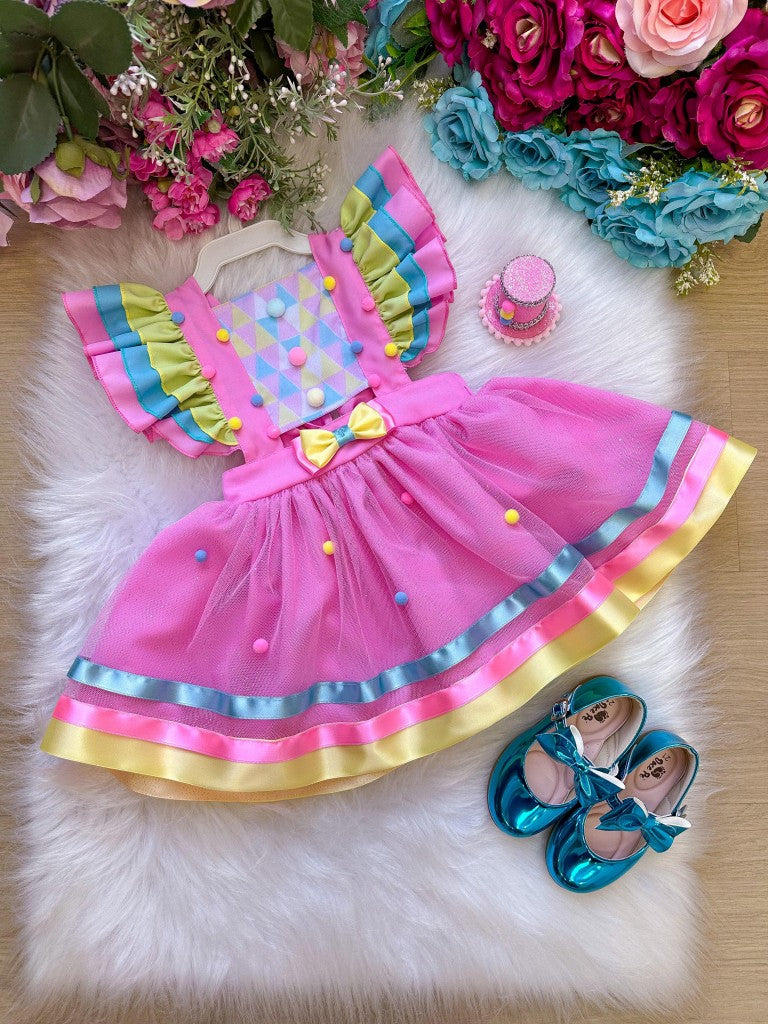 Vestido Princesa Circo em Tule Rosa para Crianças de 03 Meses a 2 Anos
