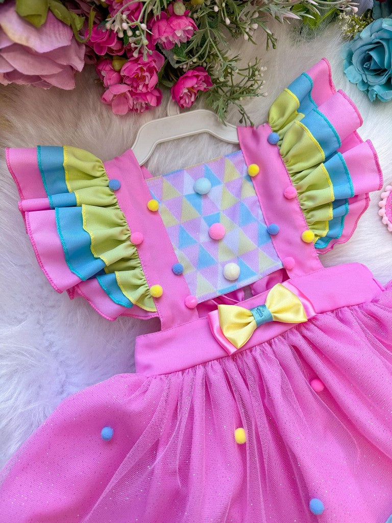 Vestido Princesa Circo em Tule Rosa para Crianças de 03 Meses a 2 Anos