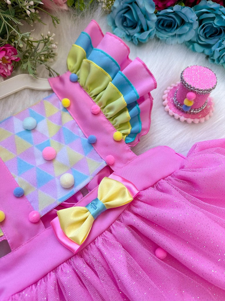 Vestido Princesa Circo em Tule Rosa para Crianças de 03 Meses a 2 Anos