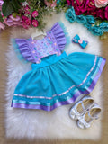 Vestido Infantil Princesa Sereia em Tule Lilás e Tiffany