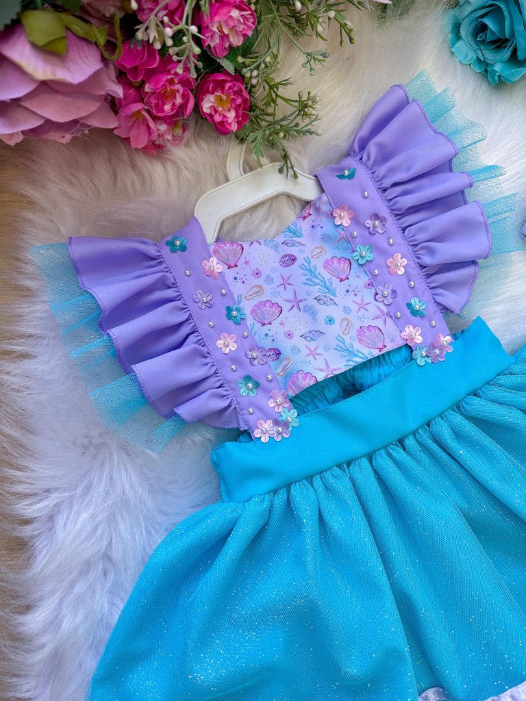 Vestido Infantil Princesa Sereia em Tule Lilás e Tiffany