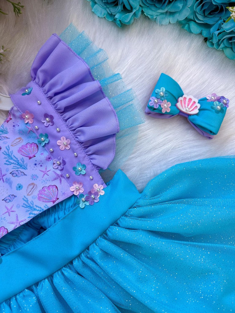 Vestido Infantil Princesa Sereia em Tule Lilás e Tiffany