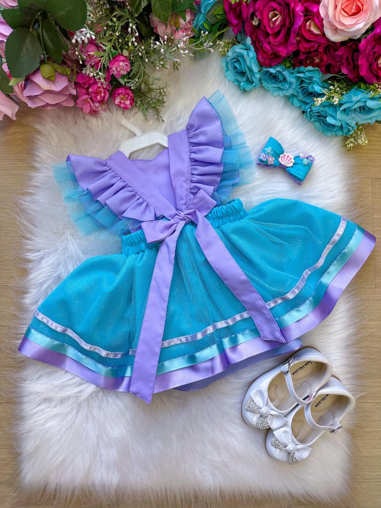 Vestido Infantil Princesa Sereia em Tule Lilás e Tiffany