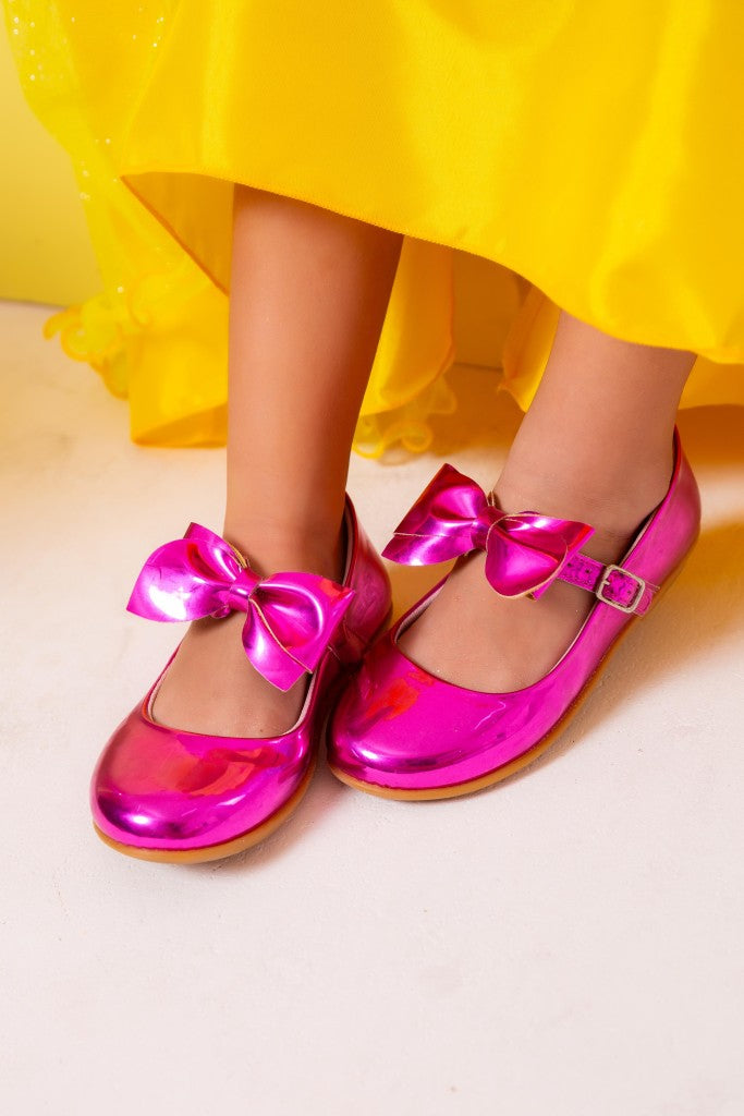 Sapatilha Pink Metalizado Com Laço Removível Para Meninas