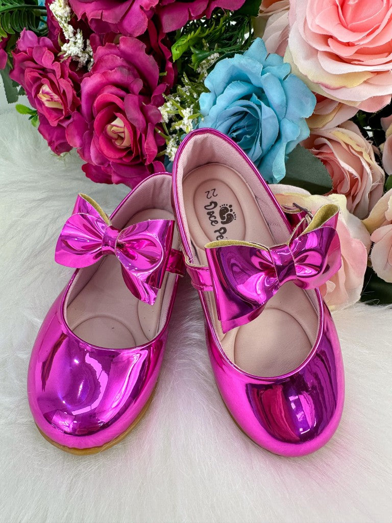 Sapatilha Pink Metalizado Com Laço Removível Para Meninas