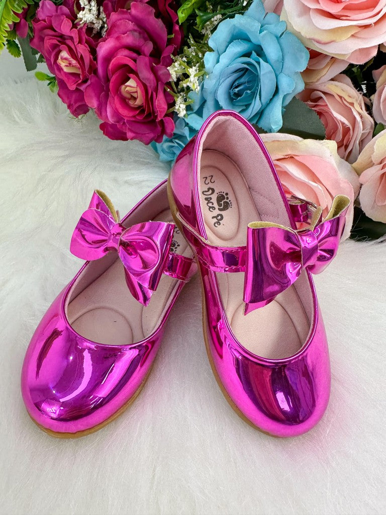 Sapatilha Pink Metalizado Com Laço Removível Para Meninas