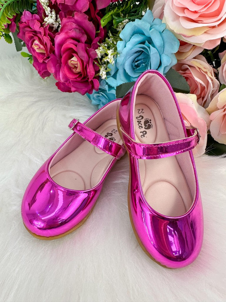 Sapatilha Pink Metalizado Com Laço Removível Para Meninas