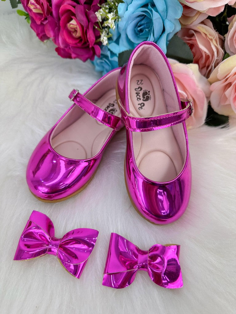 Sapatilha Pink Metalizado Com Laço Removível Para Meninas