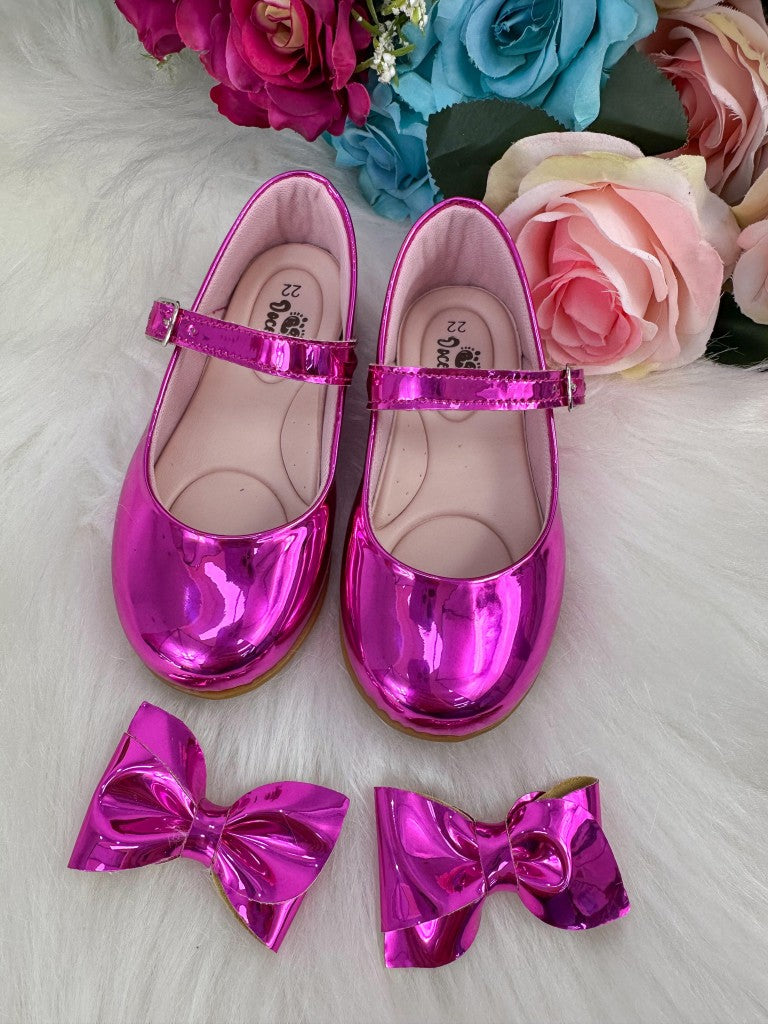 Sapatilha Pink Metalizado Com Laço Removível Para Meninas