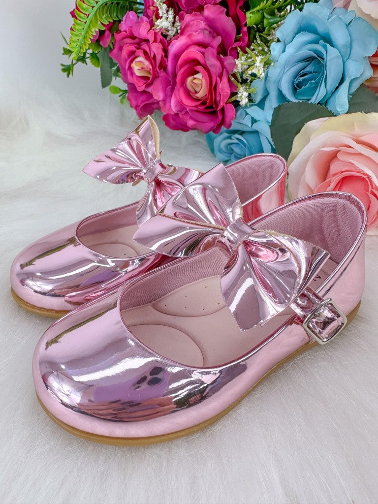 Sapatilha Rosa Metalizado Com Laço Removível Para Meninas