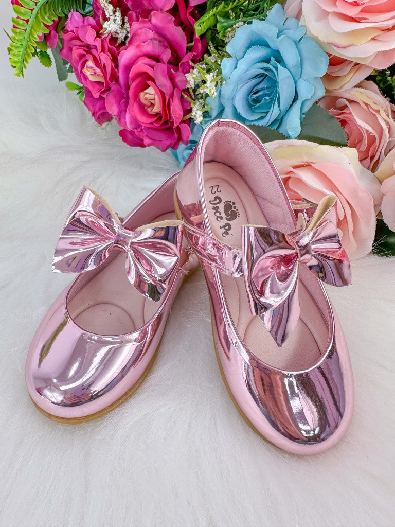 Sapatilha Rosa Metalizado Com Laço Removível Para Meninas